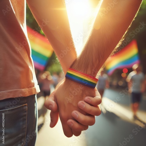 Two men's palms in a handshake. One hand is wearing a rainbow bracelet.  photo