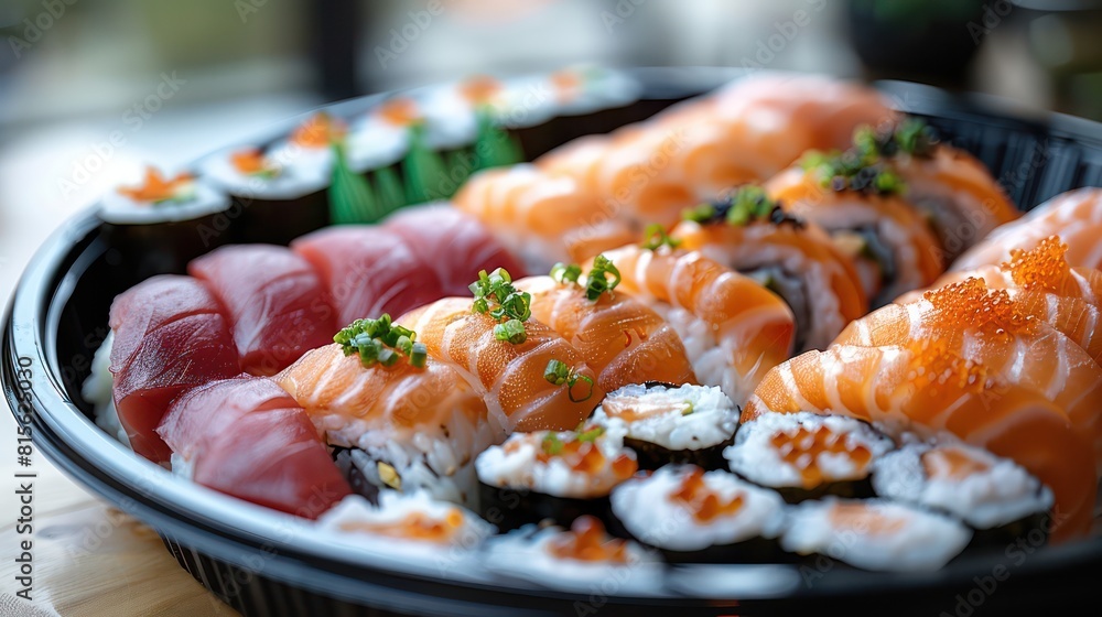 Close-up of a sushi plate with various types of sushi and sashimi. Suitable for promoting Japanese food. Close-up of a sushi plate with various types of sushi and sashimi. Suitable for promoting Japanese food.