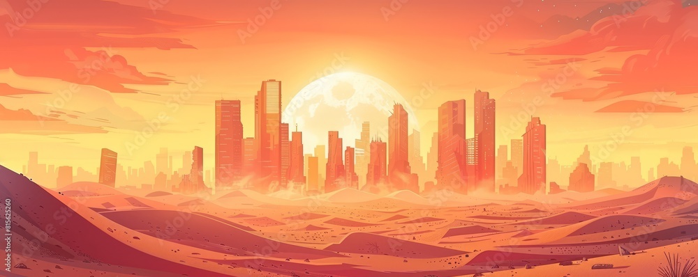 A post-apocalyptic wasteland where the ruins of civilization are buried beneath layers of sand and ash, with only the skeletons of skyscrapers rising above the desolate landscape.   illustration.