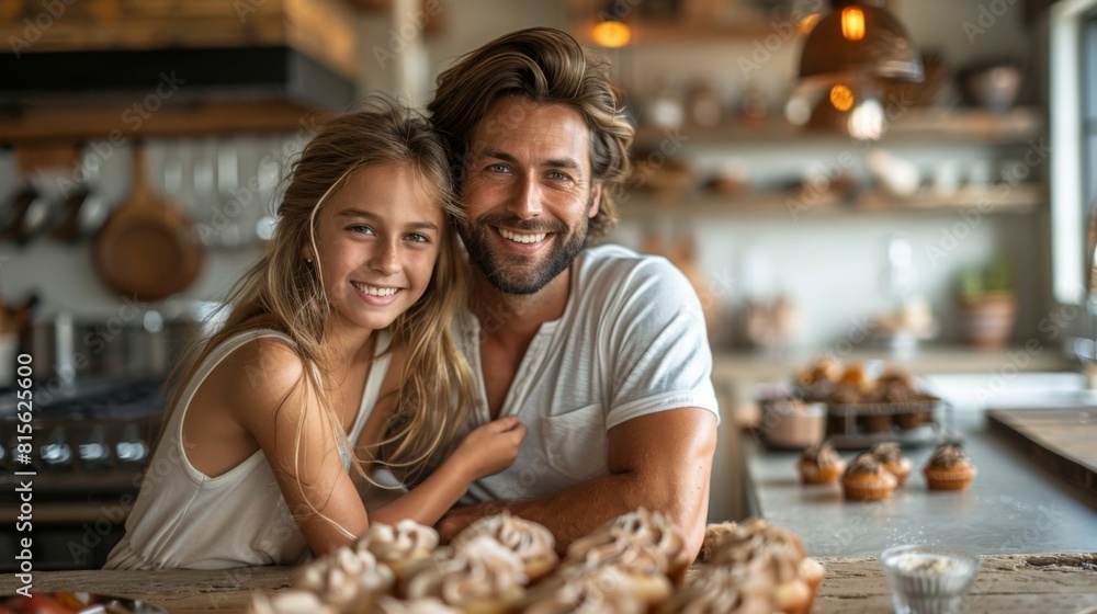 Visualize a joyful gathering in the modern kitchen as the family sits around the island counter, decorating cupcakes and celebrating Visualize a joyful gathering in the modern kitchen as the family sits around the island counter, decorating cupcakes and celebrating