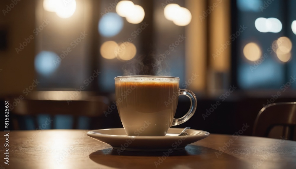 Cafe hot cup of coffee on a saucer on a dark background, casting a thin shadow. Bokeh in the background. Cafe hot cup of coffee on a saucer on a dark background, casting a thin shadow. Bokeh in the background.