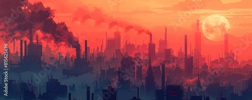 A dystopian megacity engulfed in perpetual smog, where towering smokestacks and industrial complexes blot out the sun, casting a pall over the bleak urban landscape.   illustration. photo