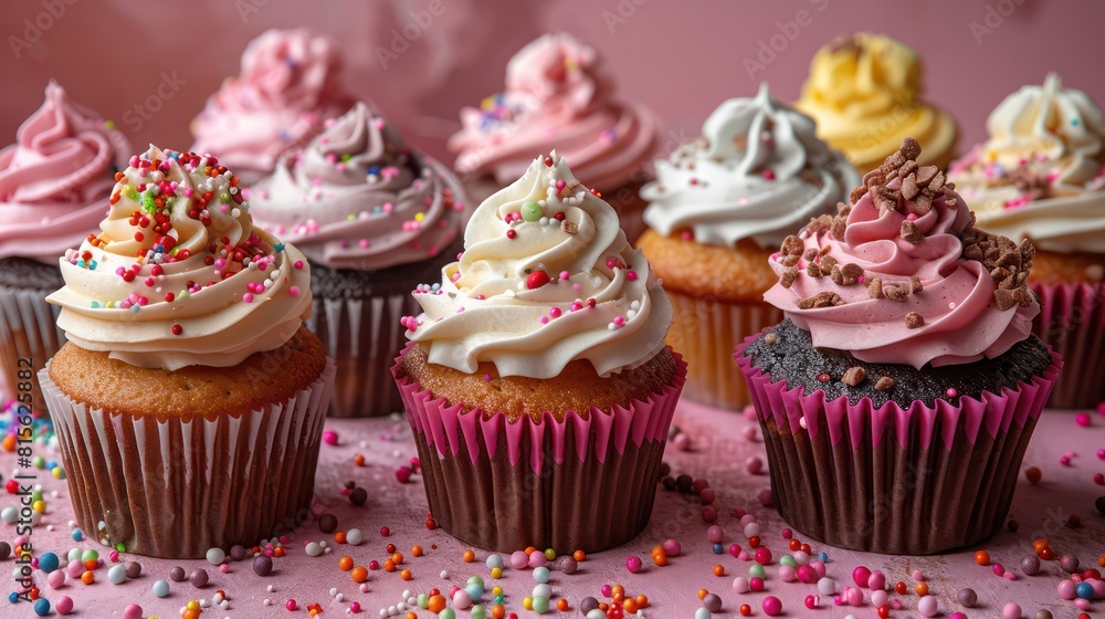 A variety of cupcake shots with colorful frosting and sprinkles. Suitable for bakery promotion and party advertising. A variety of cupcake shots with colorful frosting and sprinkles. Suitable for bakery promotion and party advertising.