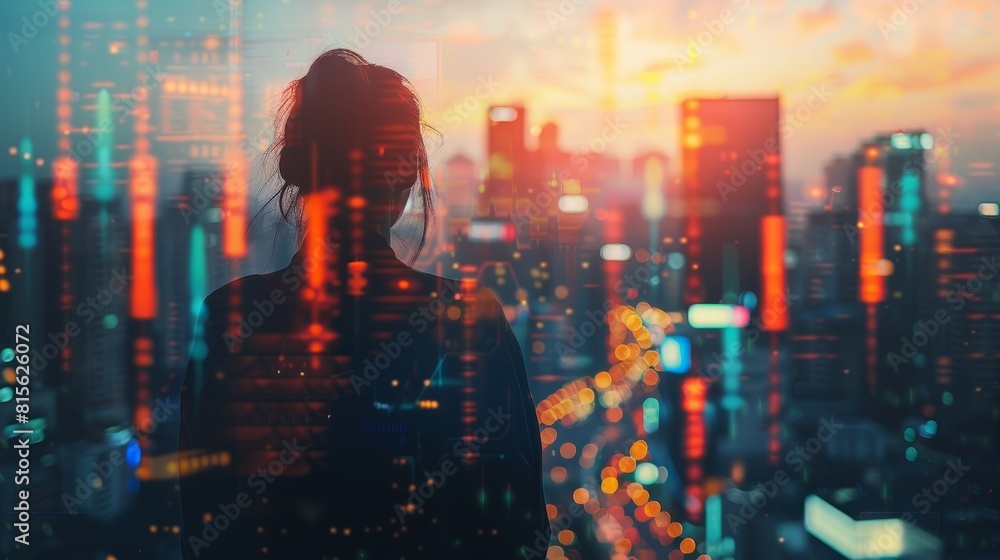 Fototapeta premium Silhouette of a person with a cityscape and stock market lines overlaid