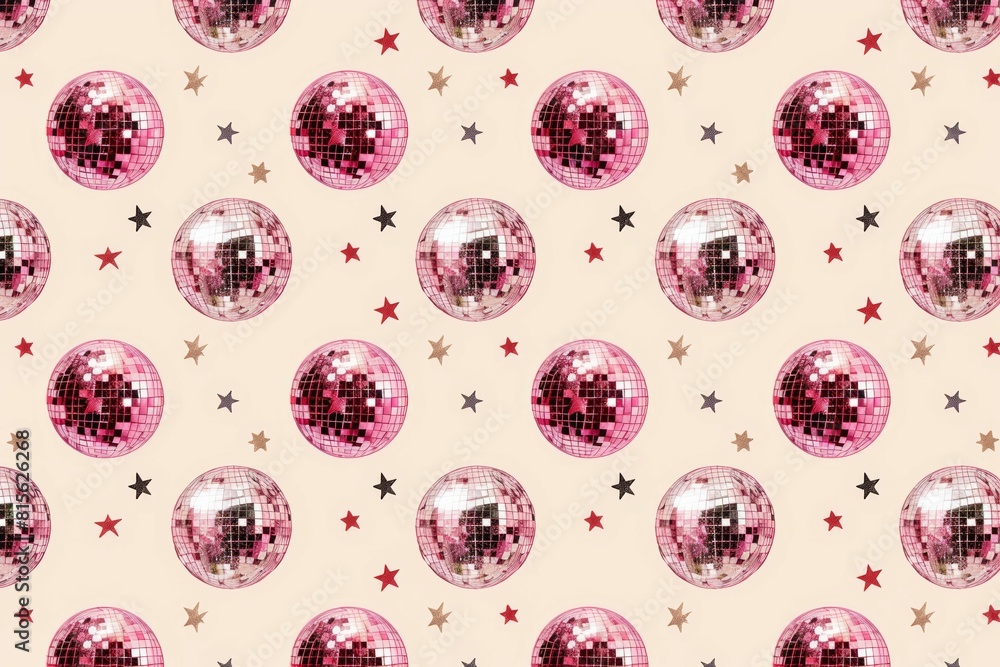 A pattern of pink disco balls with small stars on a beige background A pattern of pink disco balls with small stars on a beige background
