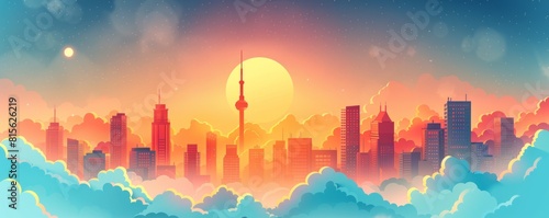 A retro-futuristic cityscape where gleaming towers rise above the clouds, where technology and progress reign supreme. illustration.