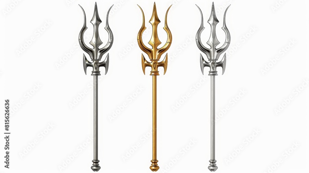 Isolated on white background are a gold and silver trident, a devil pitchfork and a trident from the Greek god Poseidon, Triton or Neptune. Isolated on white background are a gold and silver trident, a devil pitchfork and a trident from the Greek god Poseidon, Triton or Neptune.