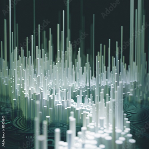 Abstract 3D illustration of a futuristic cityscape with skyscrapers made of glowing lines. © Tackey
