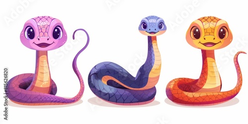 Cute and funny cartoon snake character . Happy python, cobra and viper reptile with long tail isolated set. Crawling tropical zoo animal baby kid image design. Wild zoology mascot collection