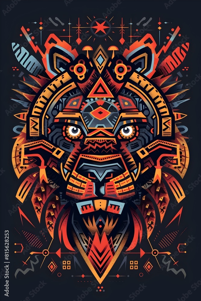 Obraz premium Vibrant African Inspired Tribal Tattoo Design with Symbolic Motifs on Dark Background