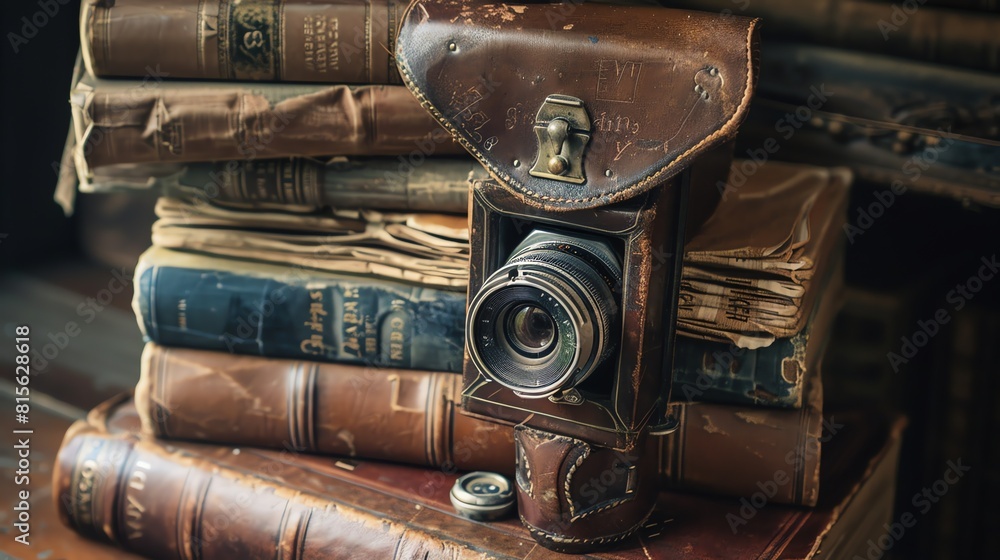 A vintage camera with a brown leather case sits on a stack of old books.