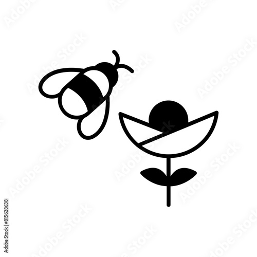 bee and flower icon. black fill icon
