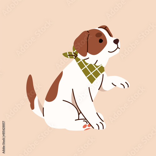 Cute Jack russell shows tricks. Happy terrier puppy training obedience, commands. Smart fluffy dog with bandana collar gives paw. Friendly doggy sits, smiles. Flat isolated vector illustration