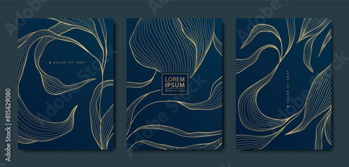 Vector set of luxury leaf gold backgrounds, flower patterns, abstract floral cards. Frames, beauty texture templates, art plant covers, elegant posters.