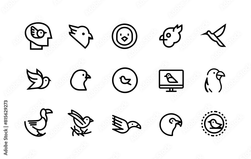 Bird Icons Set - Minimalist Black and White Line Art