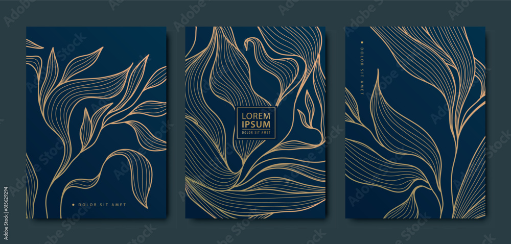 Obraz Vector set of luxury leaf gold backgrounds, flower patterns, abstract floral cards. Frames, beauty texture templates, art plant covers, elegant posters.