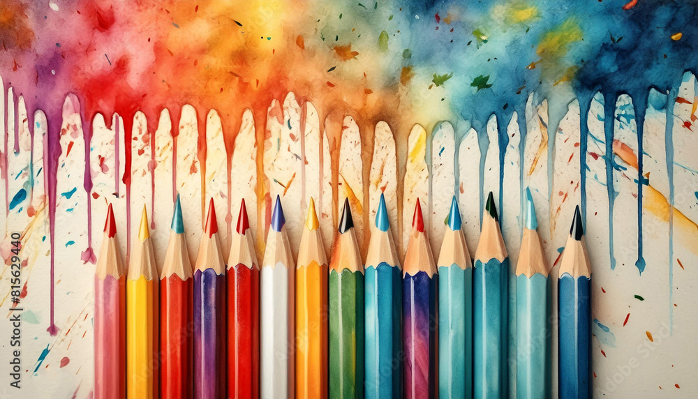 Fototapeta premium Watercolor image of a set of multi-colored pencils on a background of colorful splashes. AI Generated