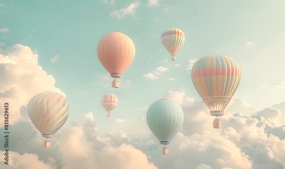 Fototapeta premium air balloons in pastel colors floating in a cloudy sky, Generative AI
