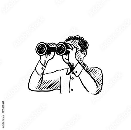 Single continuous line drawing girl looking in distance with binoculars. Enjoy beauty of nature as far as the eye can see. Find something interesting. One line draw graphic design vector illustration
