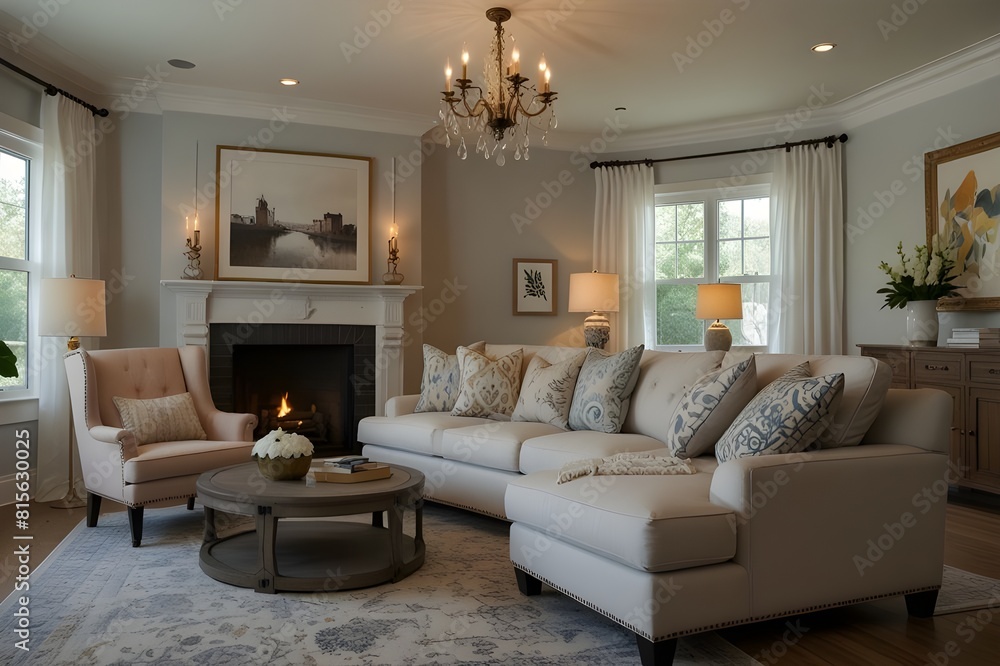 Interior of light living room with grey sofas, coffee table and large window Interior of light living room with grey sofas, coffee table and large window