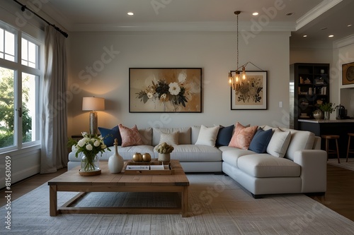 Interior of light living room with grey sofas  coffee table and large window
