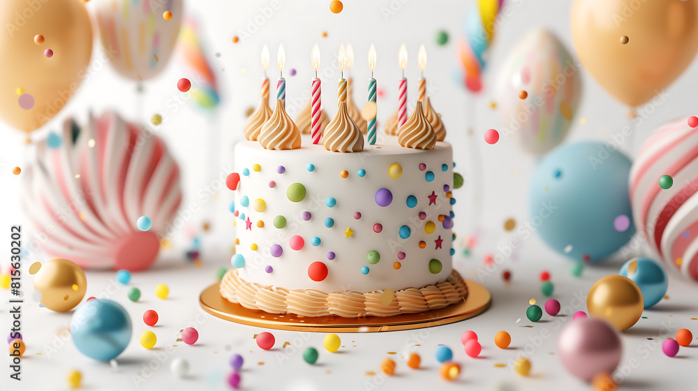 3D rendering of a birthday cake with candles, surrounded by party decorations such as balloons and gift boxes, perfect for celebration themes 3D rendering of a birthday cake with candles, surrounded by party decorations such as balloons and gift boxes, perfect for celebration themes