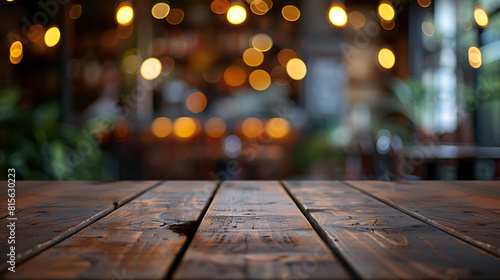 Empty wooden table mockup with cafe background blur lighting