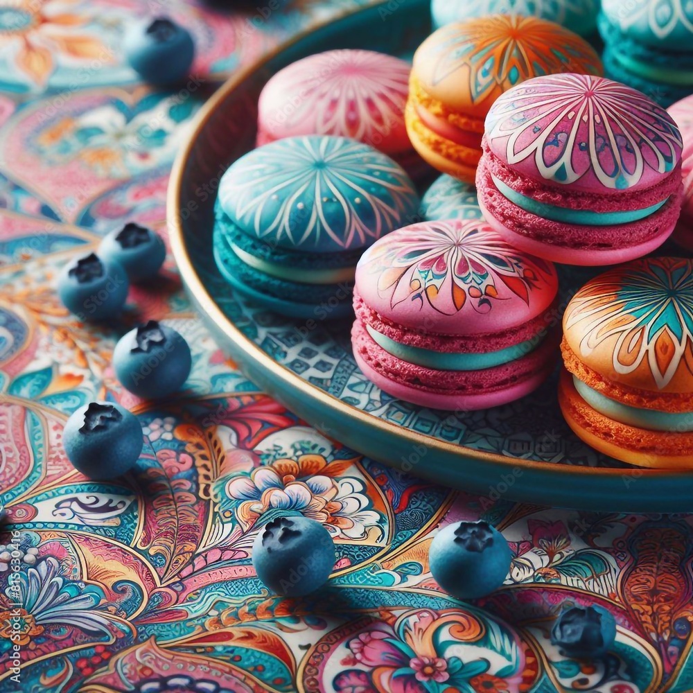 Vibrant macaroons against backdrop with abundant space for text placement Vibrant macaroons against backdrop with abundant space for text placement