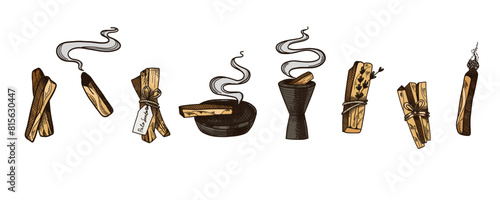 Palo Santo. Hand drawn sticks. Aromatherapy for meditation and calm relaxation, aromatic wood, sketch style drawing. Latin America burning incense with smoke. Yoga and esoteric. Vector illustration