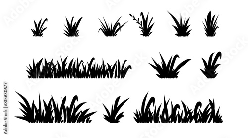 Grass silhouette. Black field isolated elements. Spring summer hand drawn herb, park lawn meadow sketch style, cartoon flat isolated botanical elements, ecological symbol. Vector doodle illustration