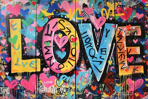 A large painting with the word LOVE written in different colors and bold letters