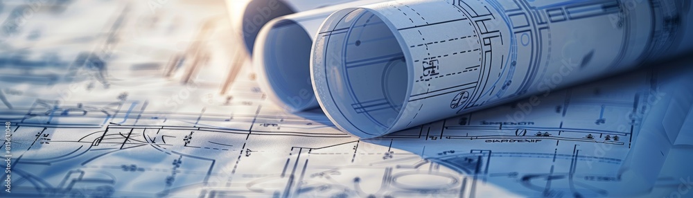 Rolled and unrolled architectural blueprints focused on design details Rolled and unrolled architectural blueprints focused on design details