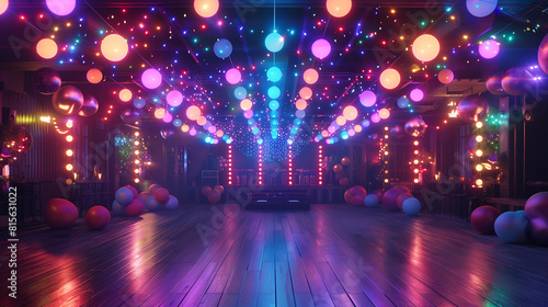 3D rendering of a dance floor with vibrant lights, balloons, and festive decorations, creating an energetic party atmosphere