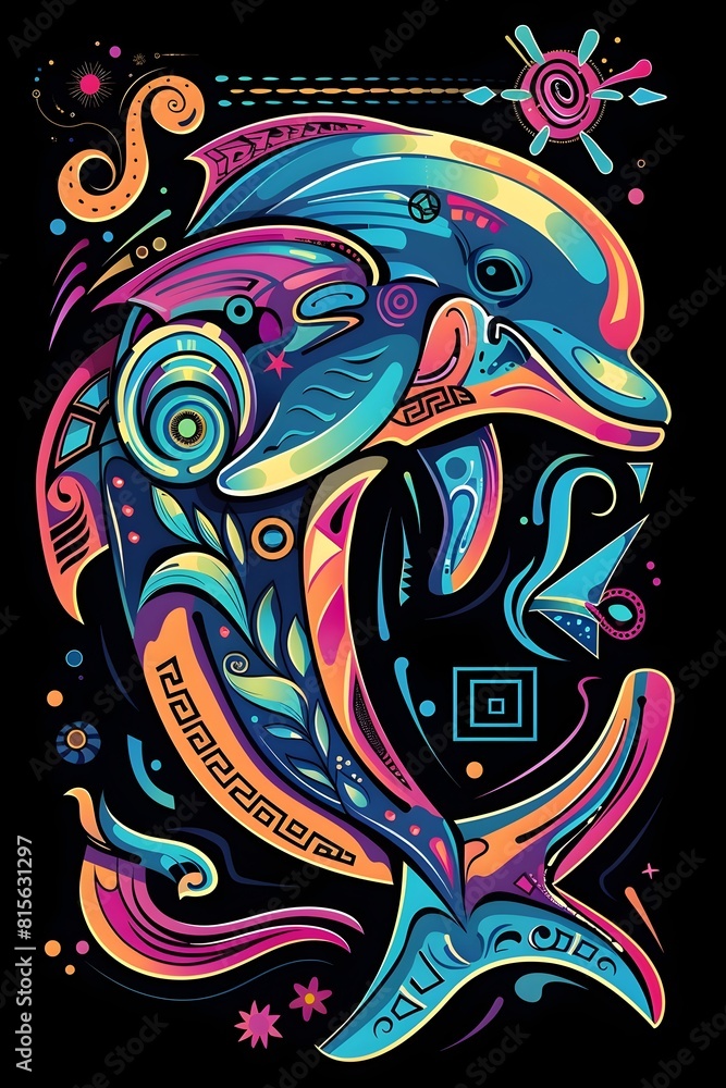 Playful Dolphin with Greek Key Patterns and Sea Motifs in Synthwave Bright Colors Esport Logo Style