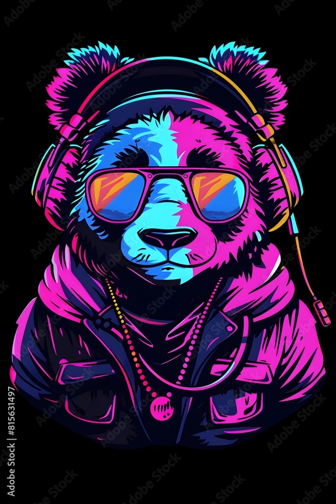 Playful Panda Adorned with Japanese Kawaii Motifs and Symbols on Synthwave Backdrop Playful Panda Adorned with Japanese Kawaii Motifs and Symbols on Synthwave Backdrop