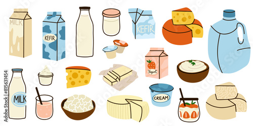Dairy products set. Milk, kefir and yogurt in cardboard packaging containers, glass bottle. Different cheese, butter and cream. Organic farm healthy food. Vector cartoon flat isolated illustration