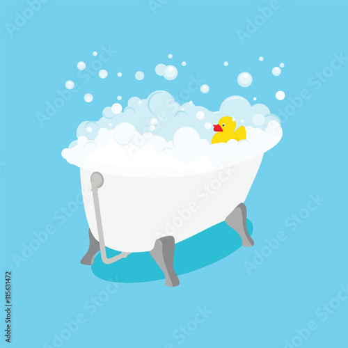 Bath tub with soap foam bubbles and yelow duck. Relax in bathtub in the bathroom