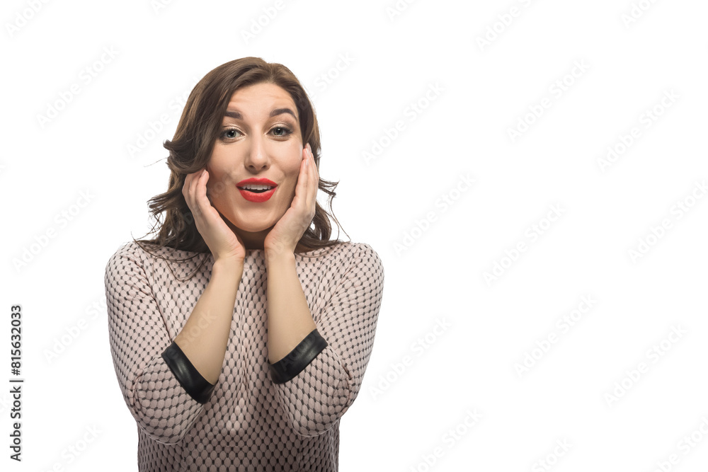 Portrait of One Young Expressive Winsome Caucasian Blond Woman With Lifted Hands Posing With Surprised Facial Expression Isolated On White Portrait of One Young Expressive Winsome Caucasian Blond Woman With Lifted Hands Posing With Surprised Facial Expression Isolated On White