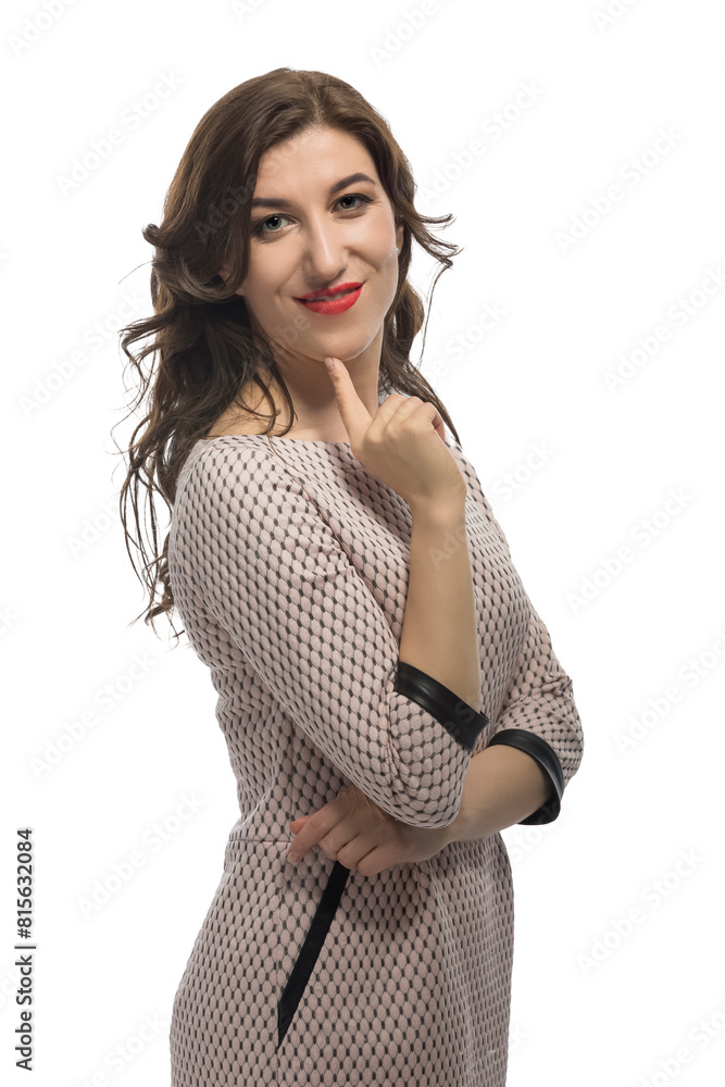 Portrait of One Young Tranquil Winsome Caucasian Blond Woman With Hands Folded Posing Isolated On White.