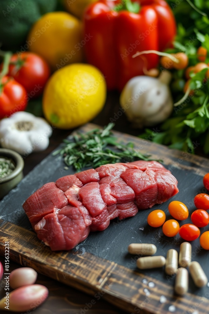 Raw meat and vegetables as an alternative, vitamins in capsules 