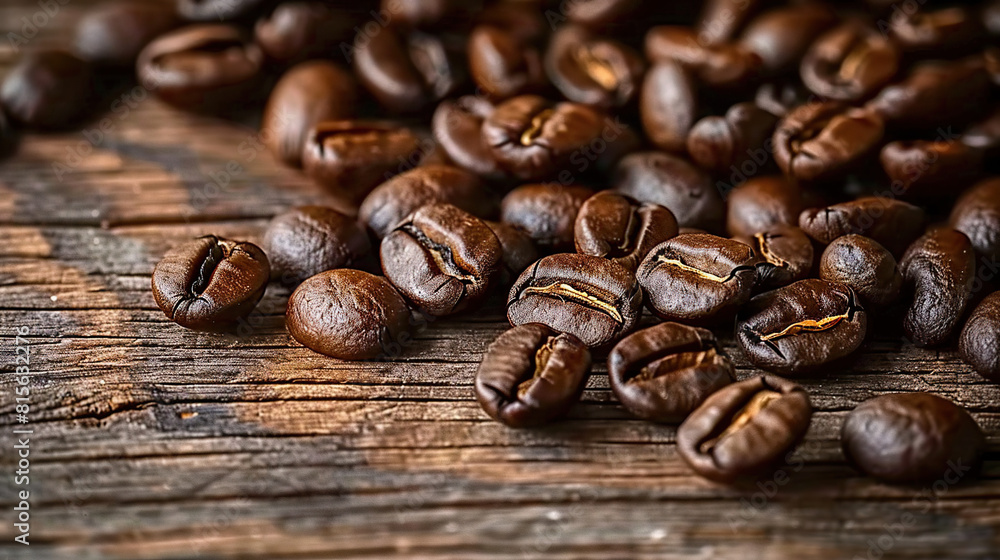 Coffee beans on wooden background with copy space.. Generative AI Coffee beans on wooden background with copy space.. Generative AI