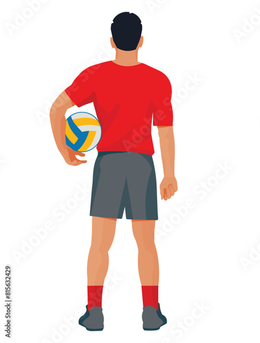 Japanese volleyball player from the back who stands with a ball under his arm