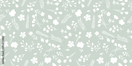 Bicolor silhouette green seamless pattern with flowers and leaves. Abstract floral spring  summer ornament. Organic background for perfume  paper  cover  fabric  interior decor.