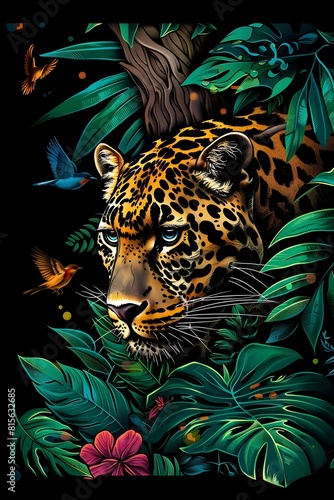 Prowling Leopard in Lush Rainforest Canopy with Vibrant Tropical Foliage and Fluttering Colorful Birds in Stylized Esports Logo