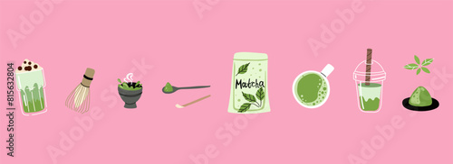 Matcha set. Hand drawn traditional japanese drink, powder and spoon, bamboo whisk and cup with latte, chinese green tea, trendy organic delicious beverage. Vector cartoon isolated elements