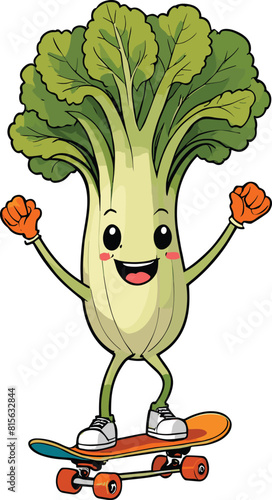 Vector of a salad leaves with a happy face on a skateboard