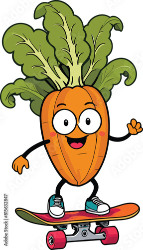 Vector of a carrot with a happy face on a skateboard