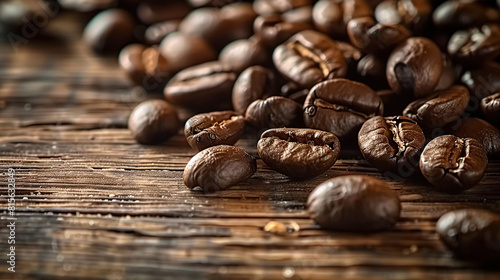 Coffee beans on wooden background with copy space.. Generative AI