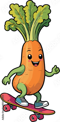 Vector of a carrot with a happy face on a skateboard