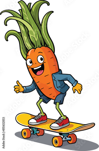 Vector of a carrot with a happy face on a skateboard